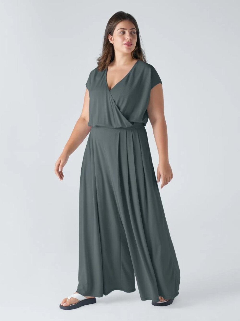Halara 3X Hurricane Grey V-Neck Short Sleeve Wide Leg Waffle Jumpsuit w/Pocket